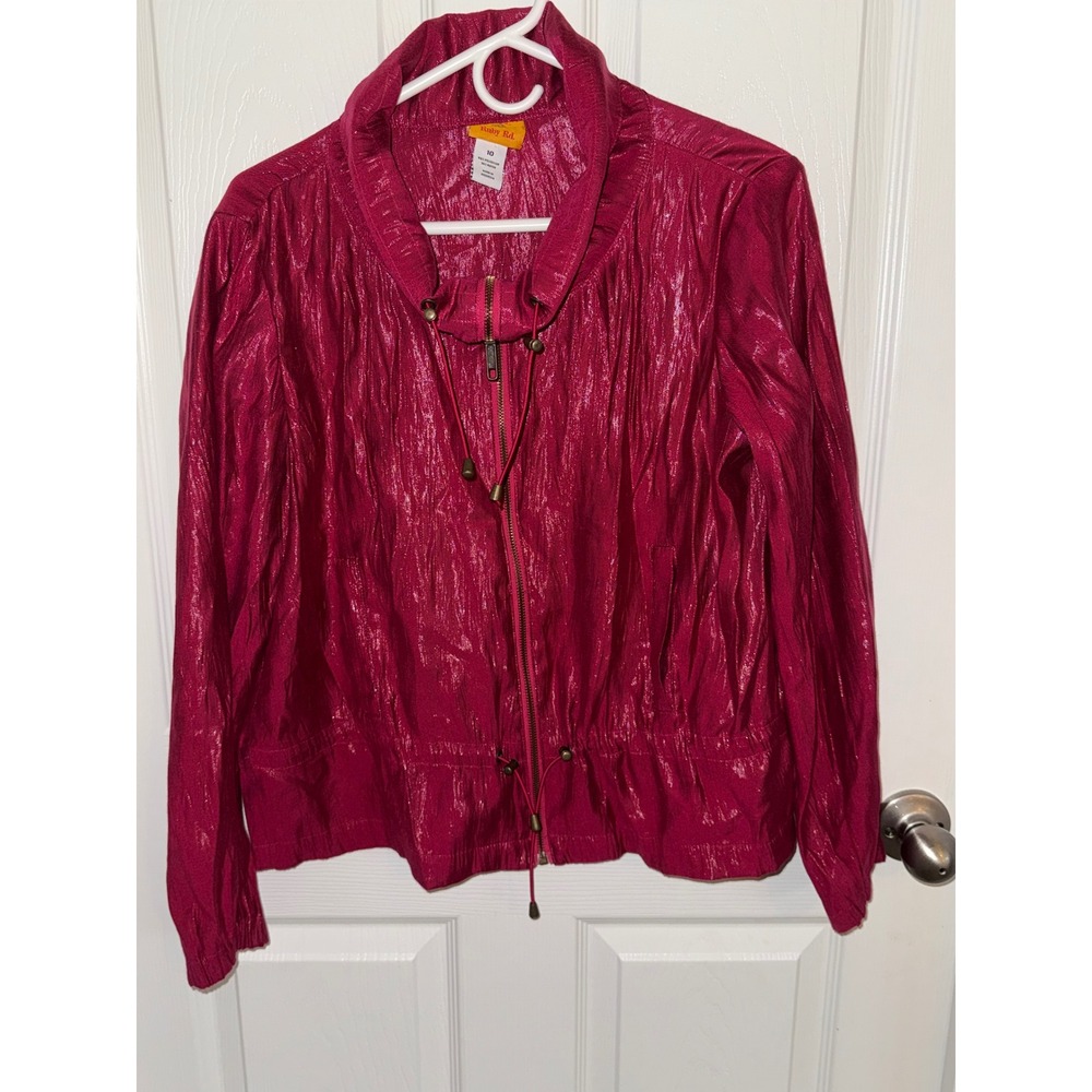 Ruby Rd Womens Magenta Pink Metallic Shimmer Zip Up Jacket Size 10 Funnel Neck